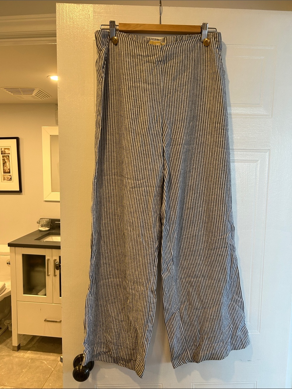 Michael Kors Blue and White Striped Wide-Leg Linen Pants